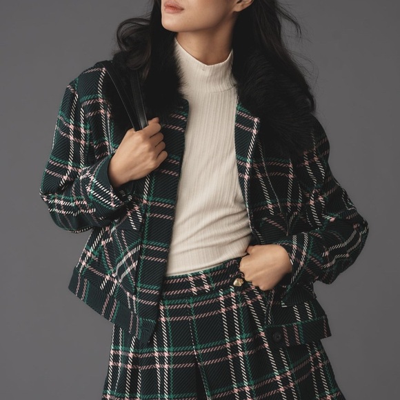 Anthropologie’s Brand Maeve Green Plaid Jacket with fur collar - Picture 3 of 9